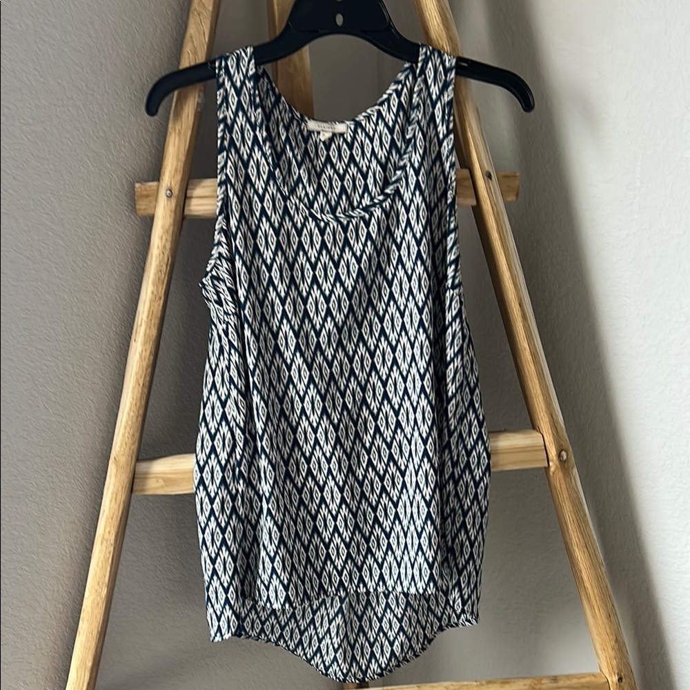 Pleione Blue and White Ikat Geometric Tank Top